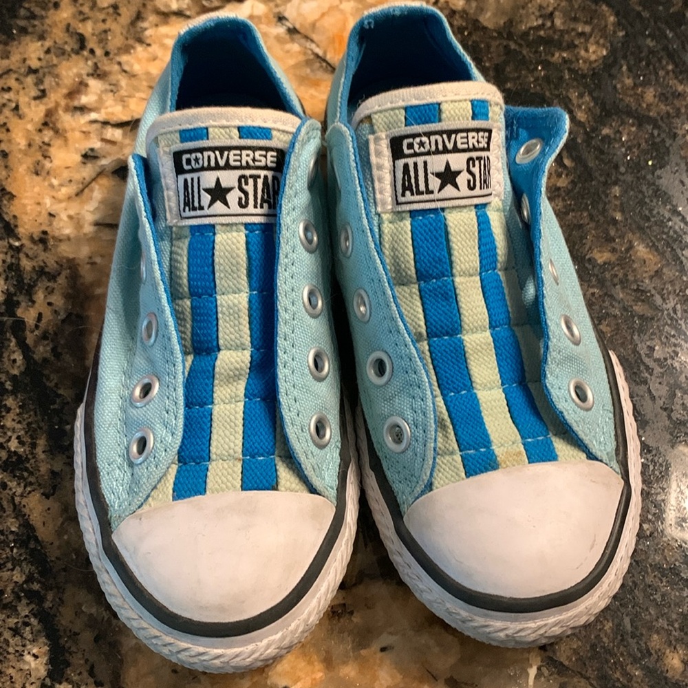Converse All Stars aqua blue w striped tongue kids 10 1/2